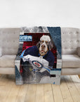 Personalized pet blanket with a Bernese Mountain Dog in a hockey uniform.