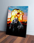 Personalized Wolverine Dog canvas featuring a pet in a superhero suit with a fiery explosion background.