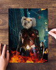 Personalized Wonder Doggette pet puzzle featuring a white dog's head on a superhero body with fire.