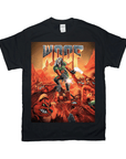 Black Gildan unisex t-shirt with a "Woof" personalized pet design featuring a dog hero fighting red monsters.