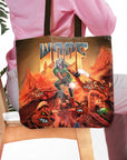 Personalized 'Woof' tote bag with a custom pet portrait in a cartoon, action-packed style.