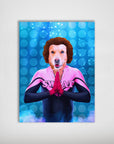 Personalized pet poster featuring a golden retriever in a pink and black "SWAT" uniform, with a blue bokeh background.