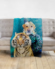 Personalized pet blanket with a Doggovinci portrait of a dog and a tiger in a blue watercolor style.