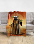 Personalized pet blanket featuring a pug dog portrait as Yoda holding a green lightsaber.