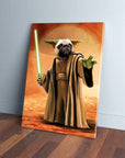 Personalized 'Yodogg' pet canvas featuring a pug as Yoda holding a green lightsaber, leaning on a wall.