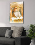 Personalized 'Zeus Doggo' canvas featuring a golden retriever as Zeus with lightning, hanging above a gray sofa.