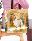 Personalized tote bag with a custom Renaissance-style portrait of a Golden Retriever as Zeus, holding a lightning bolt.