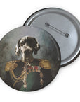 Custom pet portrait pin featuring a Great Dane in a general's uniform, glossy finish, metal backing.