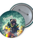 Custom personalized pug dog pet portrait pin in a Green Bay Packers football uniform.