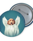 Custom pet angel pin featuring a goldendoodle in a white robe with wings on a blue background.