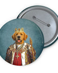 Custom golden retriever pet portrait pin, royal renaissance style, with gold crown and regal robe.