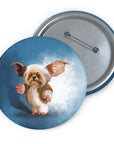 Custom personalized pet portrait pin featuring a cartoon dog on a blue background.