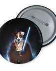 Custom personalized dog Jedi portrait pin with metal backing and safety clip.