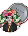 Custom Frida Kahlo style chihuahua pet portrait pin with floral background.