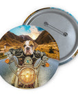 Custom pet portrait pin featuring a bulldog in a biker jacket on a motorcycle, with a metal backing.