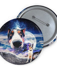 Custom personalized dog pin with a cartoon dog portrait in a space background.