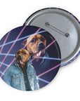 Custom 1980s Lazer Portrait pet pin featuring a dog in a denim jacket with neon lines.