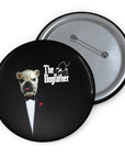 Custom "The Dogfather" pin featuring a bulldog in a tuxedo, black with metal backing.