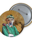 Custom pet portrait pin featuring a yellow lab dog dressed as a golfer in a green sweater and plaid hat.