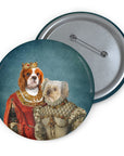 Custom pet portrait pin featuring a Cavalier King Charles Spaniel and a Maltese in royal renaissance attire.