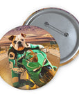 Custom pet portrait pin featuring a bulldog riding a green motorcycle on a desert road.