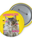 Custom Catmopolitan pin featuring a personalized cat portrait on a yellow background with magazine text.