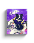 Personalized pet canvas featuring a Border Collie in a purple football uniform with "BOLT" above.