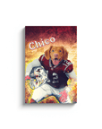 Personalized pet canvas featuring a dog in a red football uniform with "Chico" above.