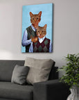 Two personalized cats in argyle sweaters on a blue canvas, hanging above a gray sofa.