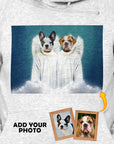 Personalized light grey hoody with two pet dog portraits as angels on a blue background.