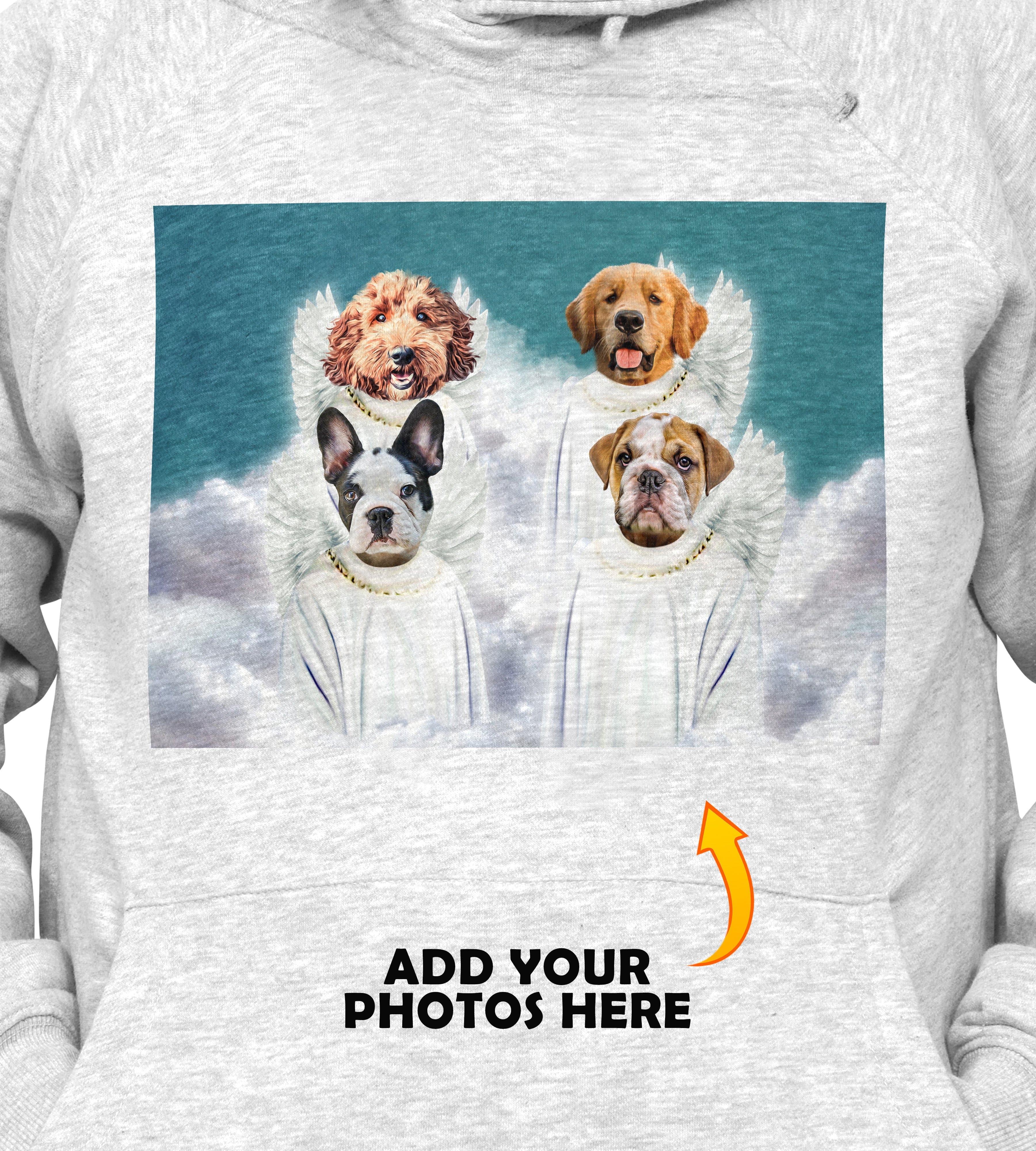Light grey personalized pet portrait hoody featuring four dogs as angels on clouds.