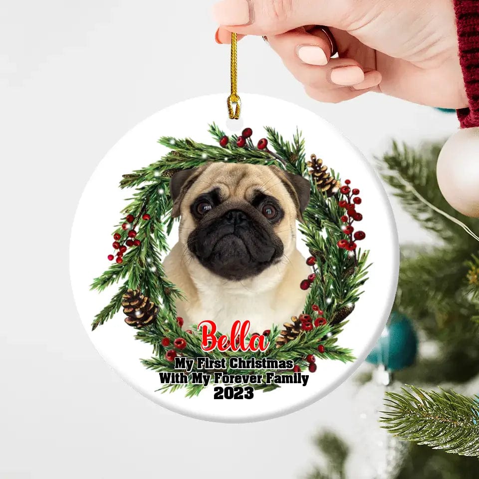 Adorno navideño personalizado con foto de cerámica de forma redonda personalizada - Primera Navidad 