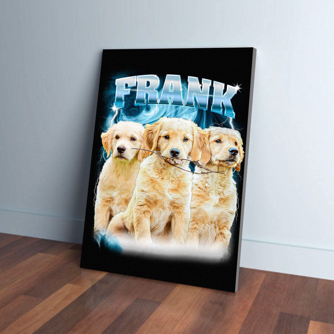 Personalized 90s bootleg style canvas with three golden retriever puppies and "FRANK" in electric blue lightning.