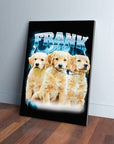 Personalized 90s bootleg style canvas with three golden retriever puppies and "FRANK" in electric blue lightning.