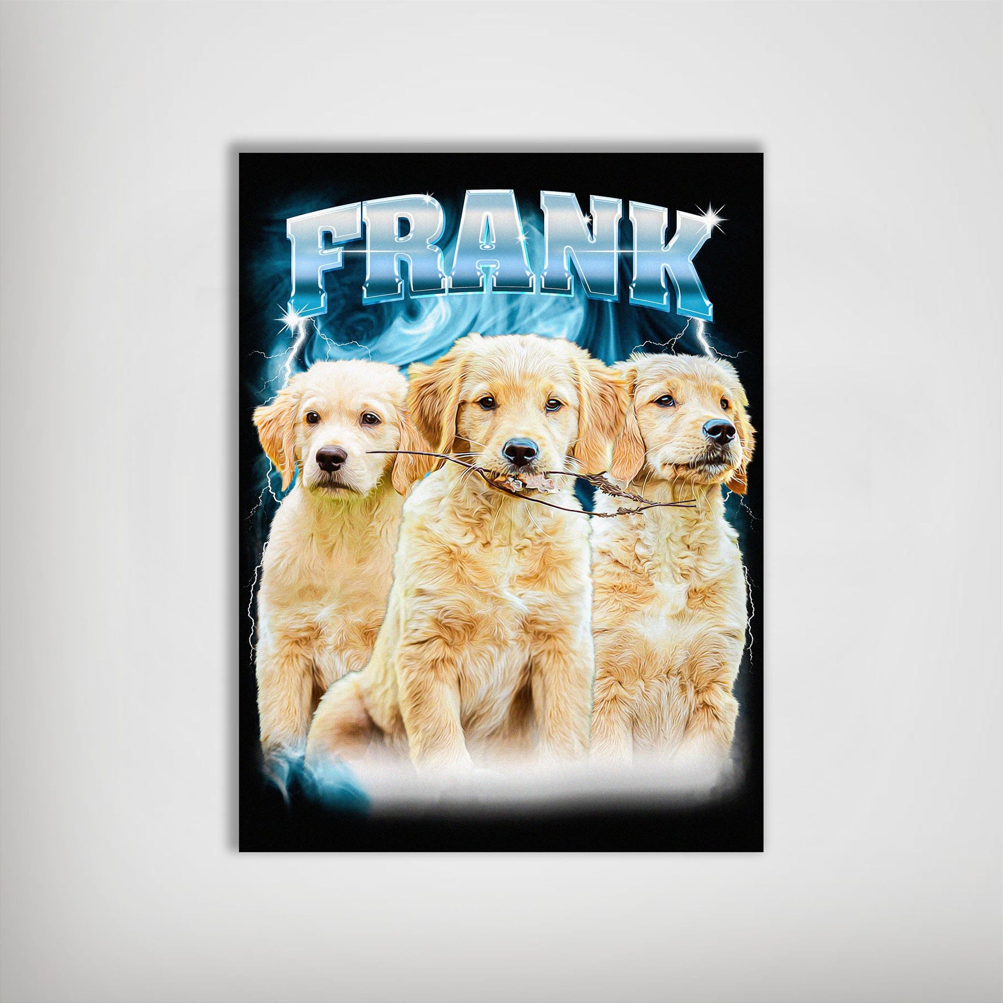 Personalized 90's Bootleg Electric Blue pet poster featuring three Golden Retriever puppies and "FRANK" in bold, lightning-style text.