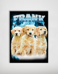 Personalized 90's Bootleg Electric Blue pet poster featuring three Golden Retriever puppies and "FRANK" in bold, lightning-style text.