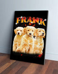 Personalized '90s Bootleg Fire Orange canvas featuring three golden retriever puppies and the name FRANK.