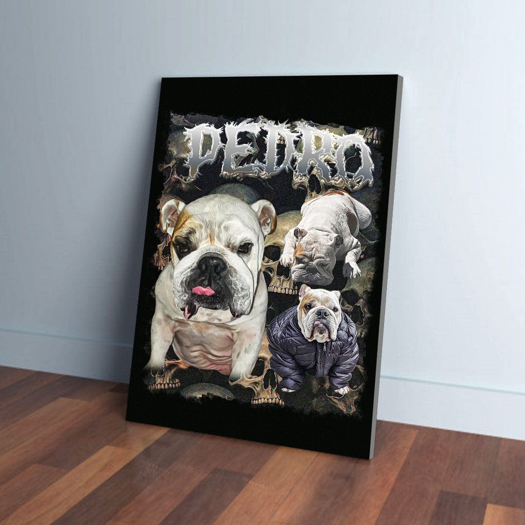 Personalized 90s Horrorcore pet canvas featuring three bulldogs and "PEDRO" in metallic text.