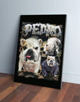 Personalized 90s Horrorcore pet canvas featuring three bulldogs and "PEDRO" in metallic text.