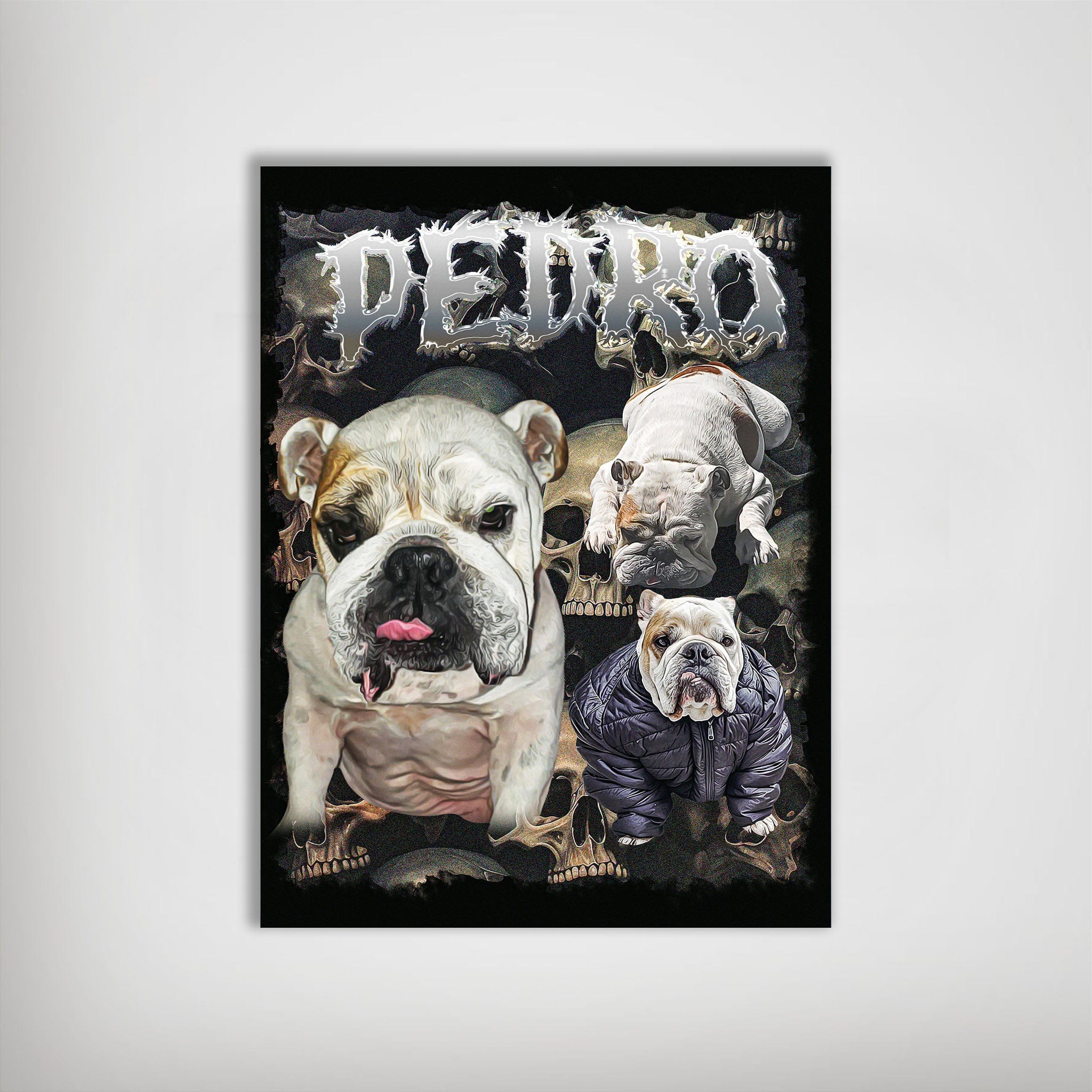 Personalized '90s Bootleg Horrorcore pet poster featuring three bulldogs on a skull-patterned black background.