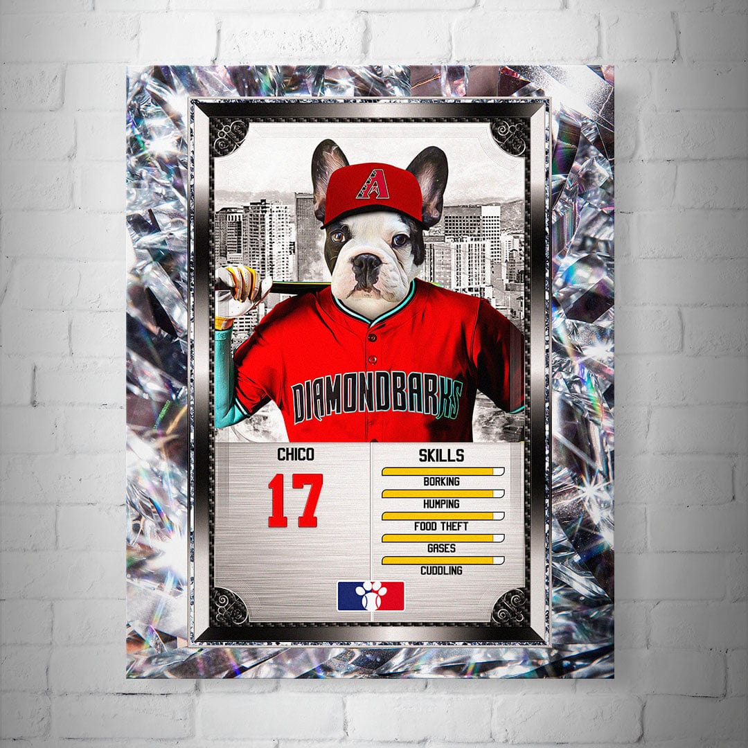 Personalized 8x10" Arizona Diamondbarks pet baseball trading card poster featuring a French Bulldog in a red jersey and cap.