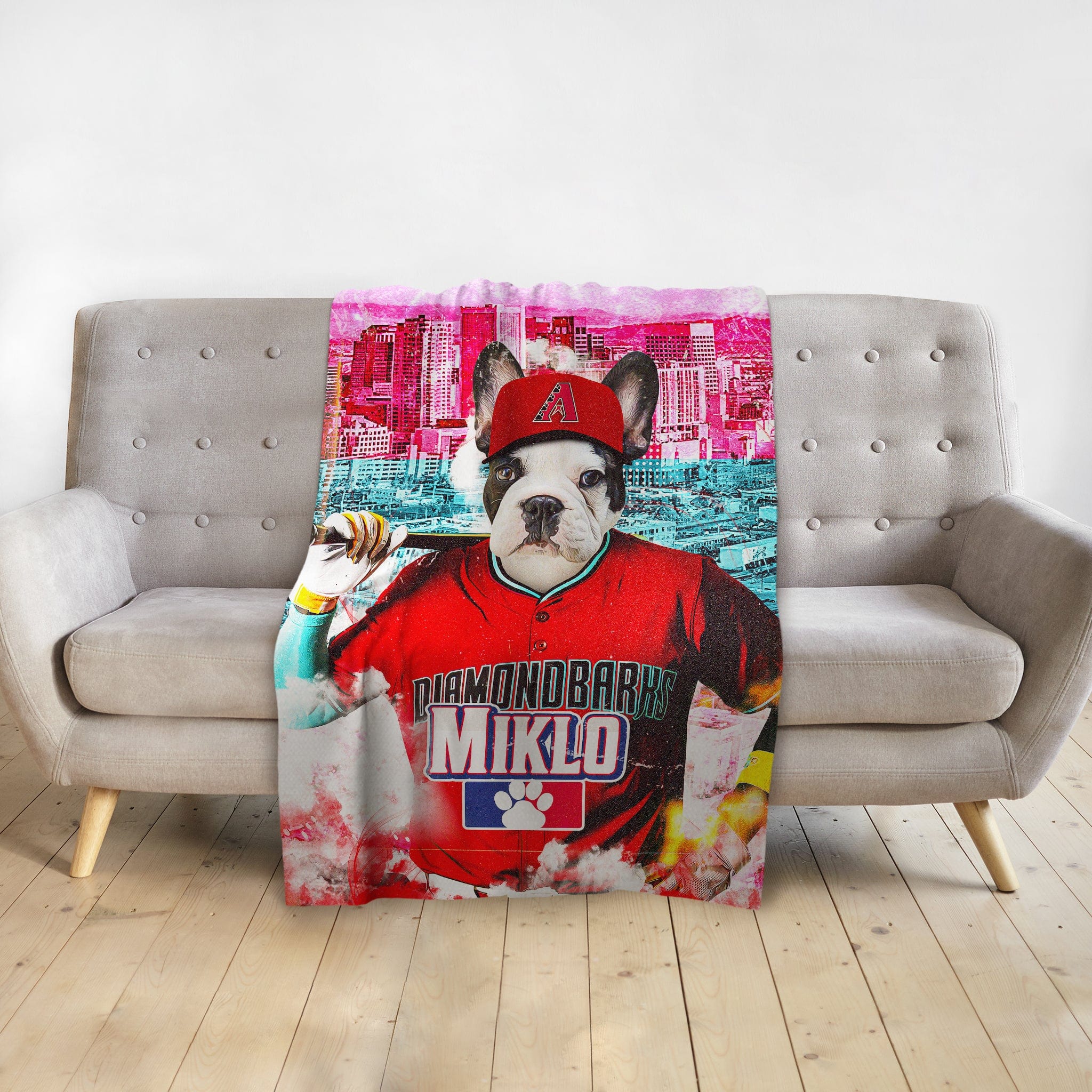 Personalized pet blanket with a French Bulldog in a red baseball uniform, "Diamondbarks Miklo" text, and city skyline.