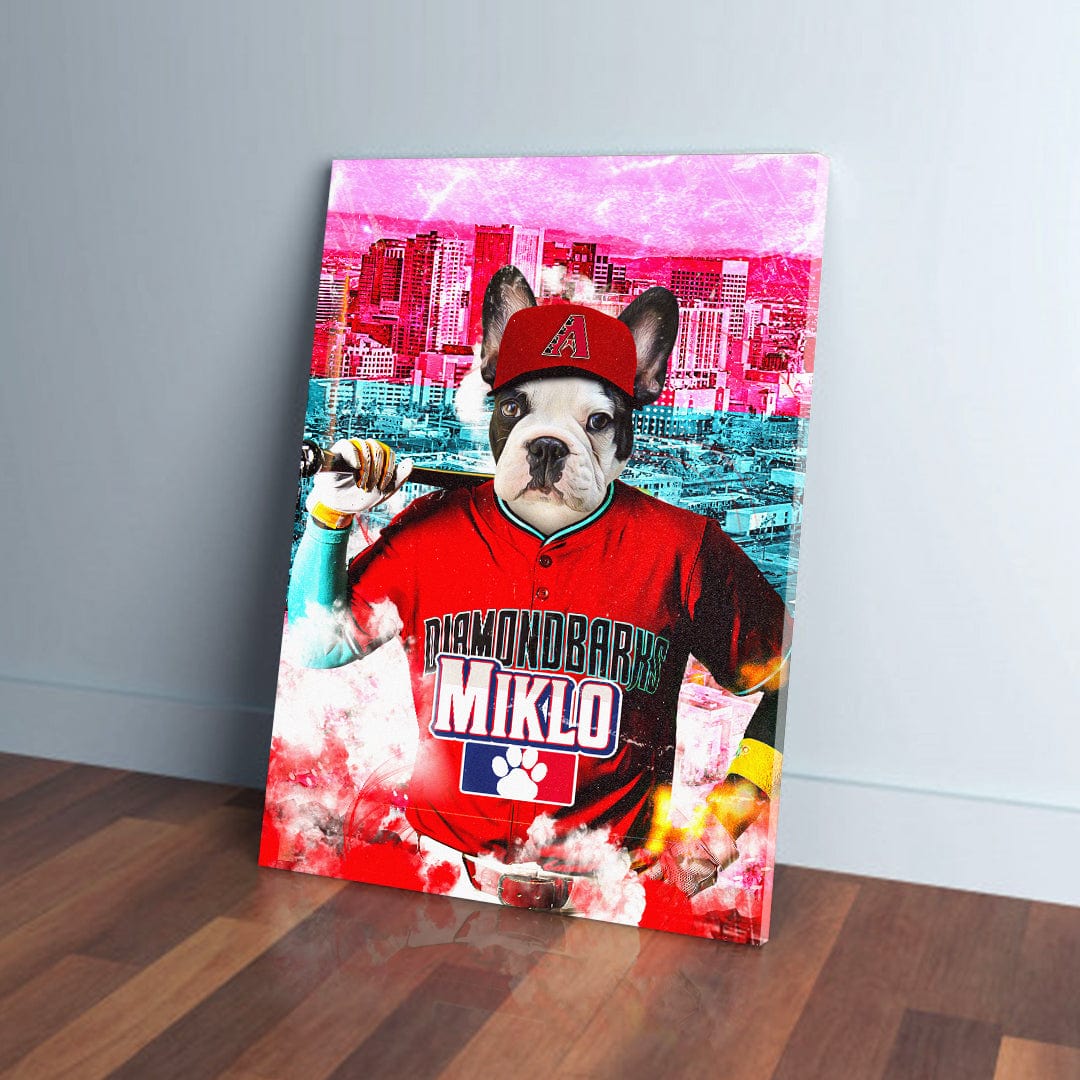 Personalized pet canvas featuring a French Bulldog in a red baseball uniform, holding a bat, with a city skyline background.