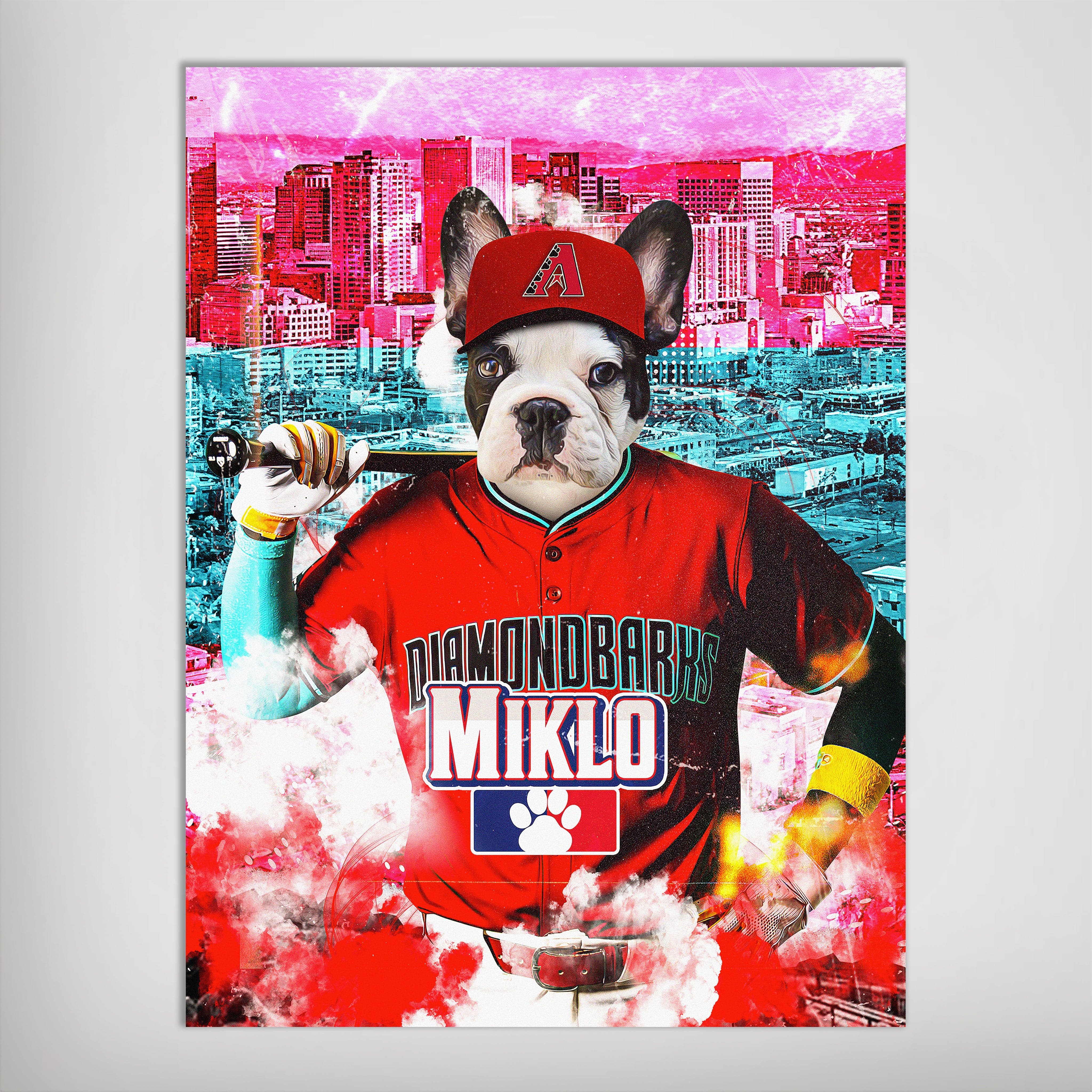 Personalized pet poster featuring a French Bulldog in an Arizona Diamondbacks baseball uniform against a vibrant city skyline.