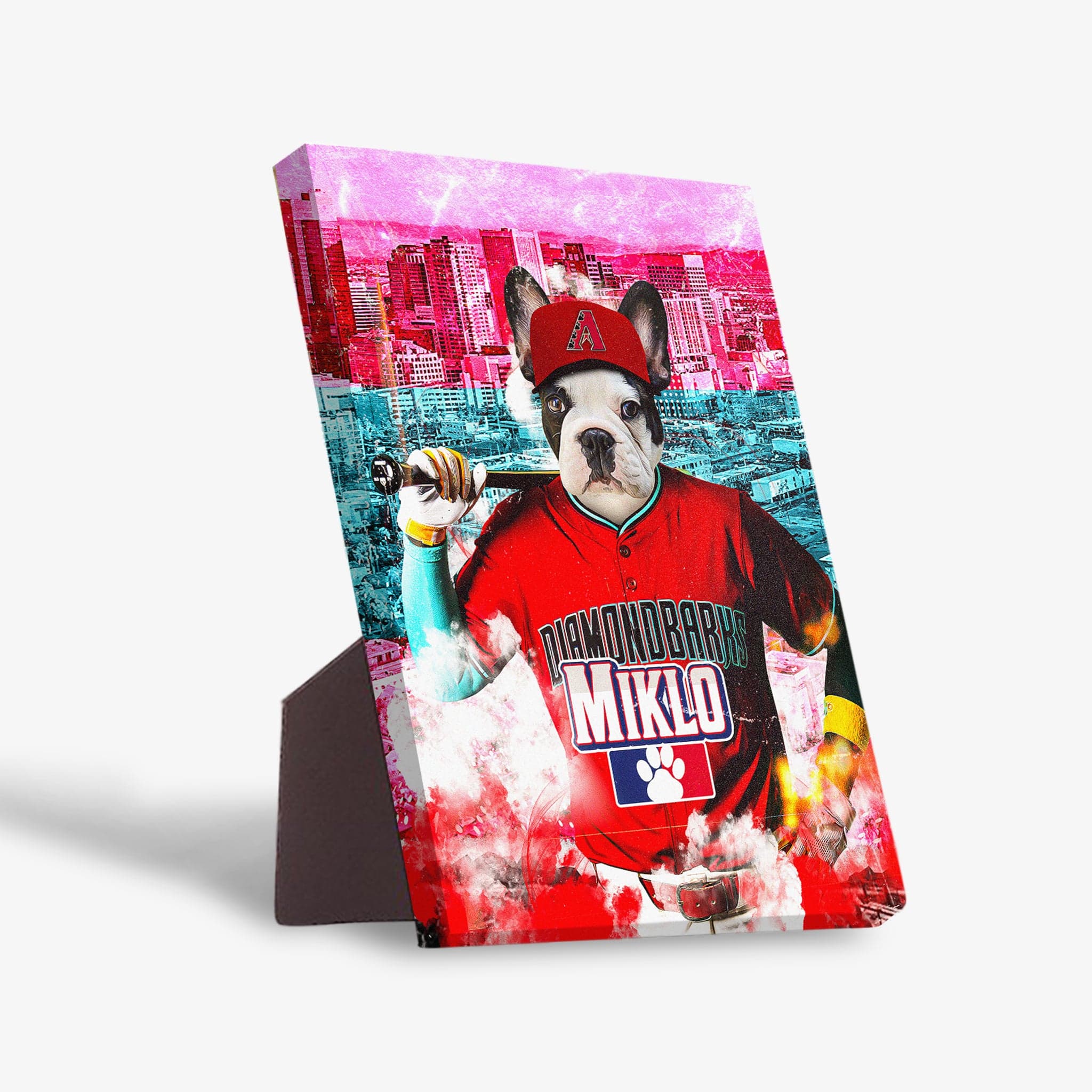 Personalized pet standing canvas featuring a French bulldog in a red baseball uniform against a city skyline.