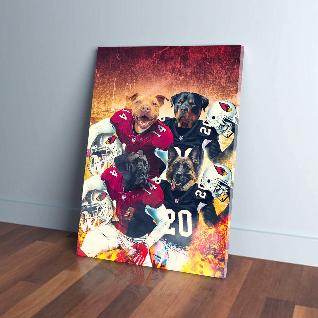 Custom canvas featuring four dogs in Arizona Cardinals football jerseys and helmets.