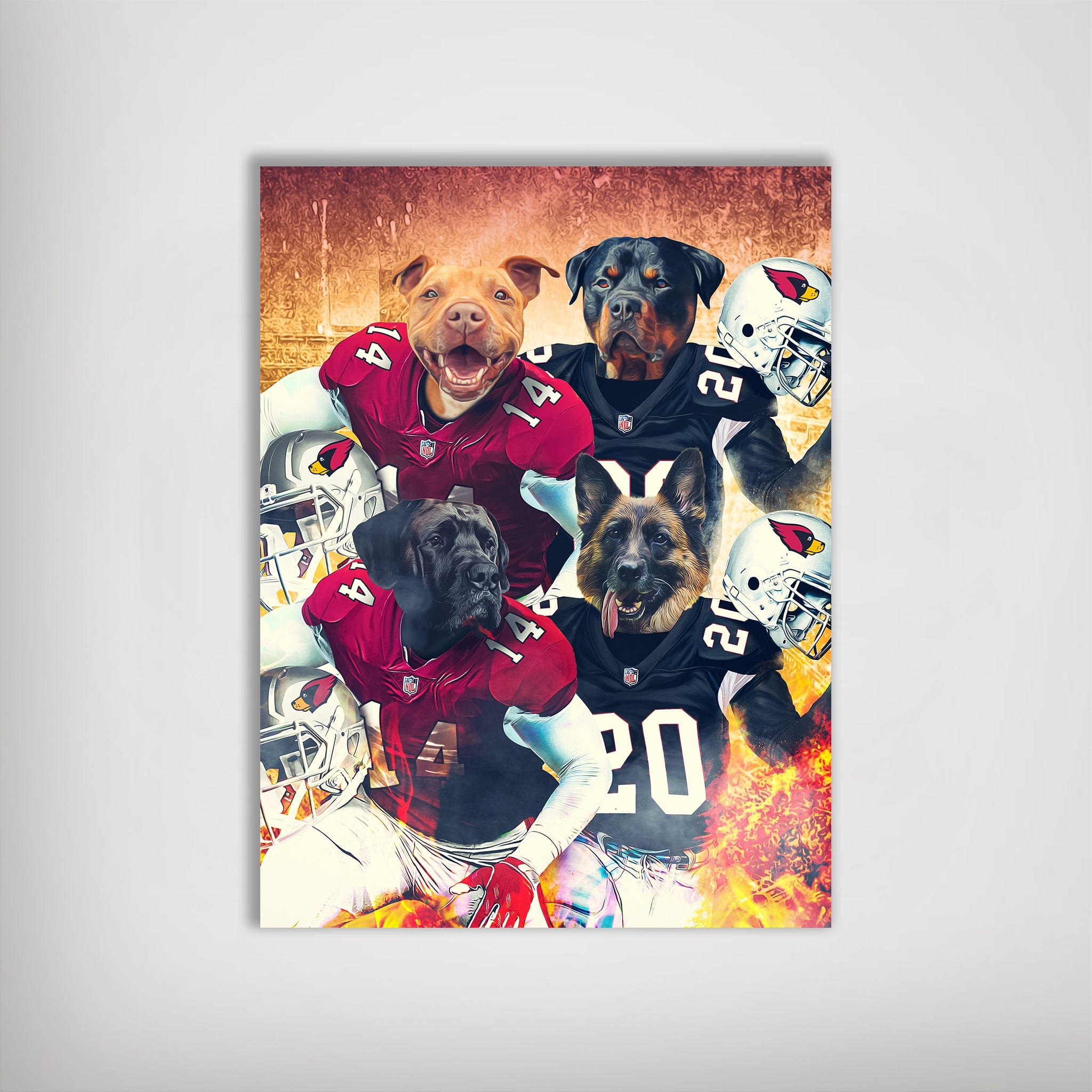 Personalized 'Arizona Doggos' poster featuring four pets as football players in Cardinals and Raiders uniforms.