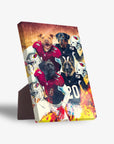 Personalized Arizona Doggos standing canvas featuring four pets in football jerseys with helmets and fiery effects.