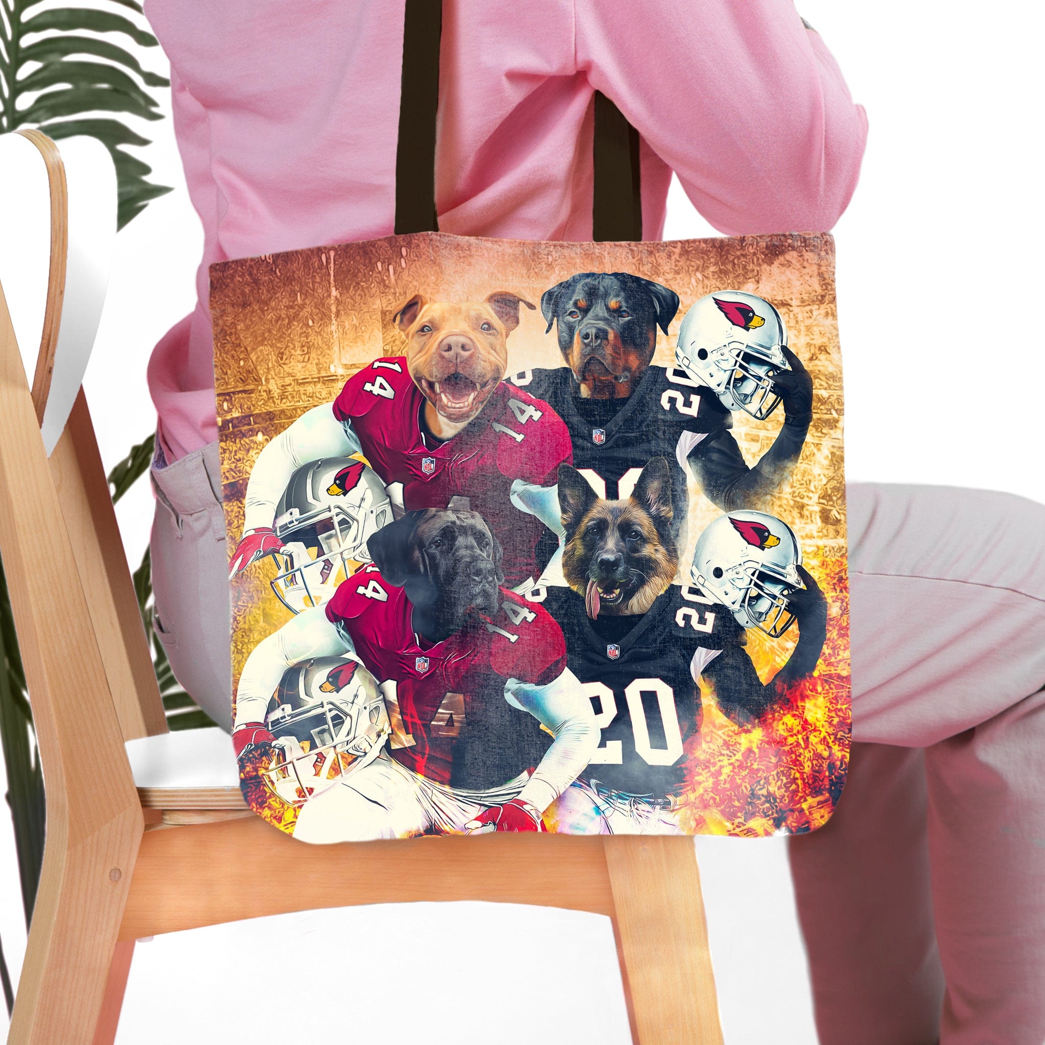 Personalized 4 pet tote bag featuring dogs in Arizona Cardinals football uniforms.