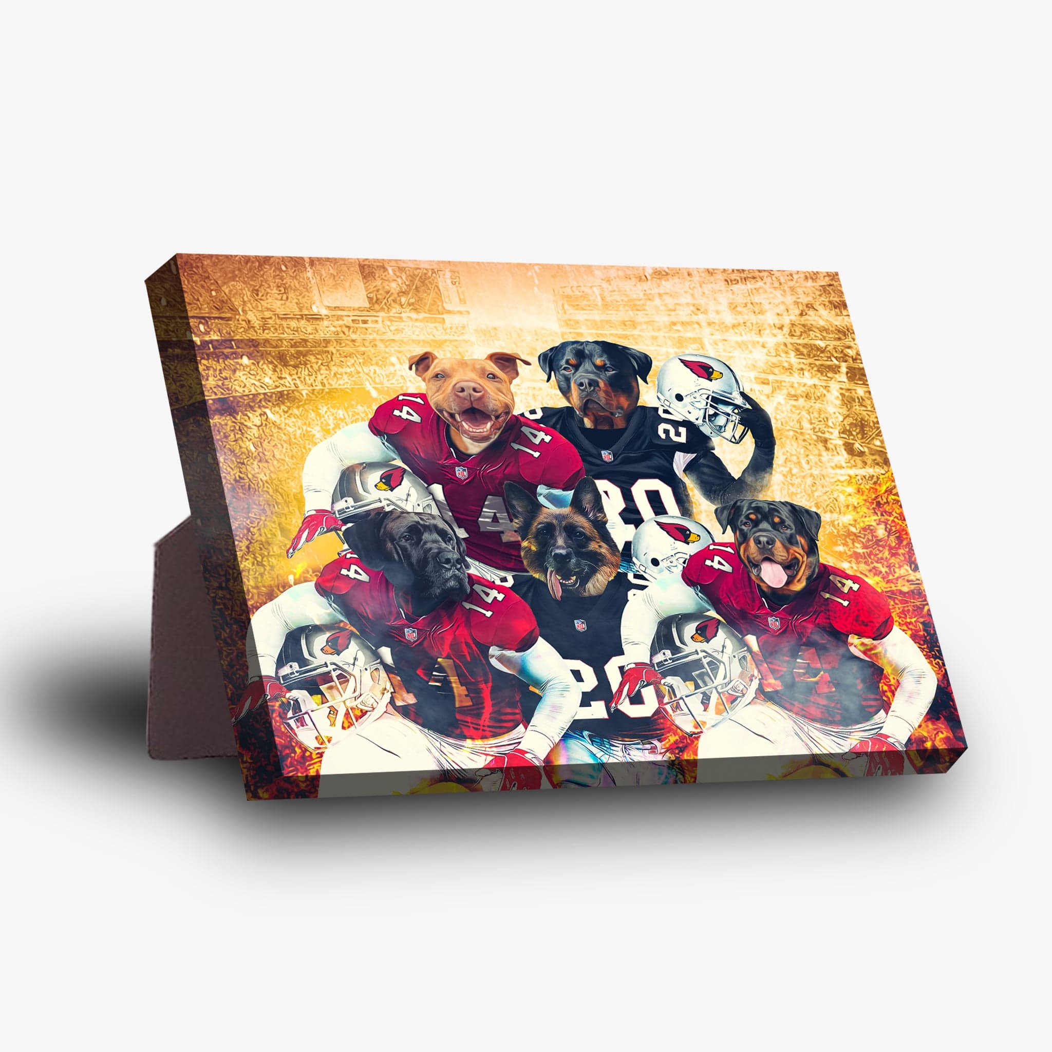 Personalized 5-pet standing canvas featuring dogs in Arizona Cardinals football uniforms against a golden background.